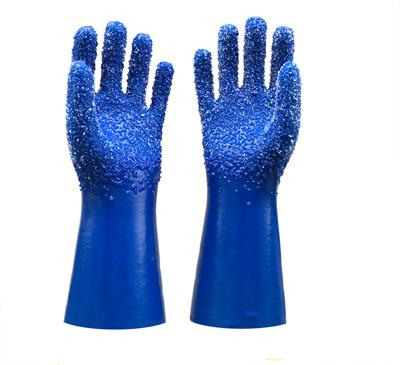 Синие перчатки из ПВХ с белым покрытием частиц